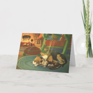 Vintage Weihnachten, Schlafende Tiere am Kamin Feiertagskarte