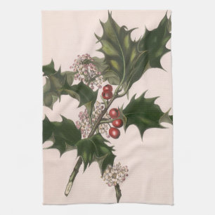 Vintage Weihnachten, Stechpalmenpflanze mit roten  Geschirrtuch