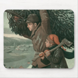 Vintage Weihnachten, Vater und Sohn fällen einen B Mousepad