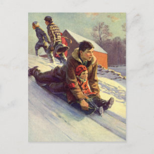 Vintage Weihnachten, Vater und Tochter beim Schlit Feiertagspostkarte