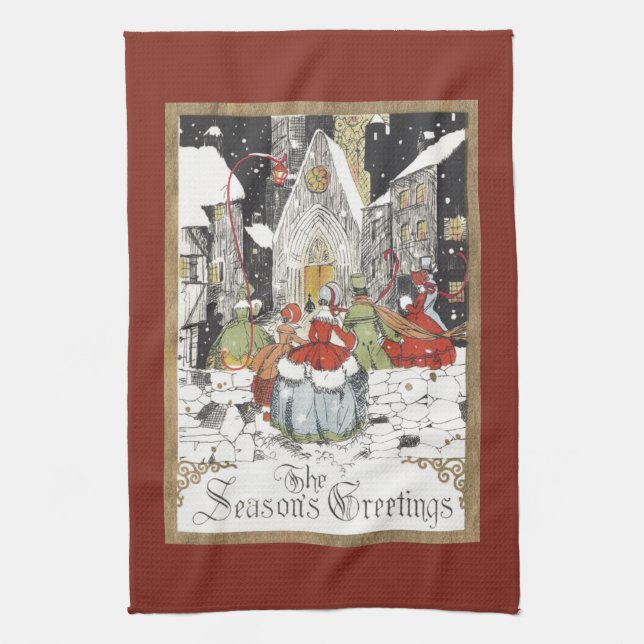 Vintage Weihnachten Viktorianische Menschen gehen  Geschirrtuch (Vertikal)