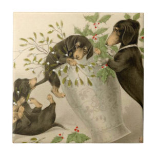 Vintage-Weihnachten viktorianische süße Dachshund- Fliese