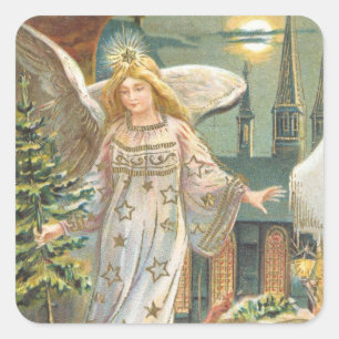 Vintage Weihnachten, viktorianischer Engel mit Bau Quadratischer Aufkleber