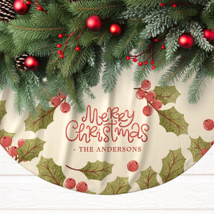 Vintage-Weihnachten-Wasserfarbe-Stechpalmenblätter Polyester Weihnachtsbaumdecke