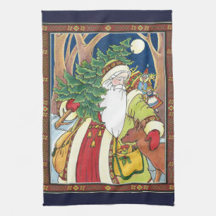 Vintage Weihnachten, Weihnachtsmann Hirsch im Wald Geschirrtuch