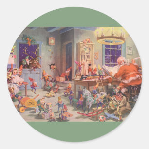 Vintage Weihnachten, Weihnachtsmann mit Elfen-Werk Runder Aufkleber