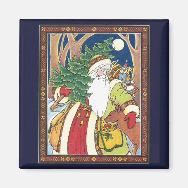 Vintage Weihnachten, Weihnachtsmann Reh im Wald Magnet (Vorne)