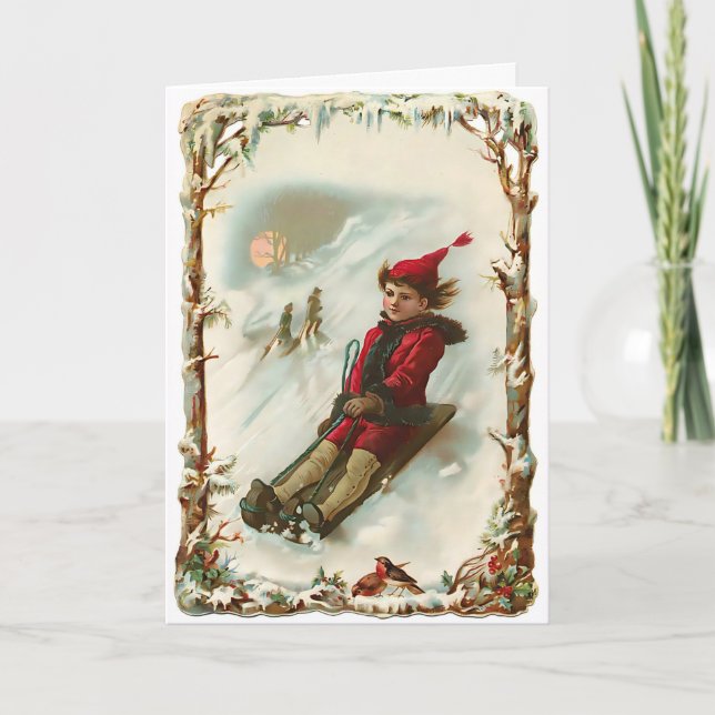 Vintage Weihnachten Winter Schlitten Karte (Vorderseite)