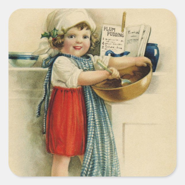 Vintage Weihnachten wünscht Girl Baking Quadratischer Aufkleber (Vorderseite)