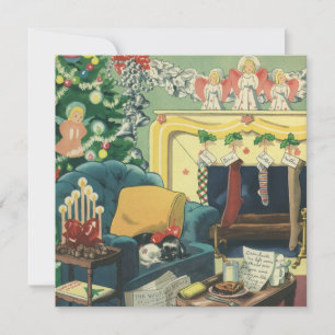 Vintage-Weihnachts-Haustiere im Wohnzimmer-Einladu Einladung