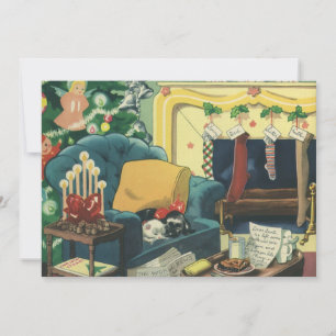 Vintage-Weihnachts-Haustiere im Wohnzimmer Feiertagskarte