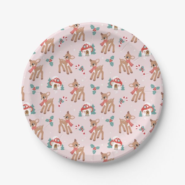 Vintage Weihnachts Hirsch und Pilzhaus Muster Pappteller (Vorderseite)