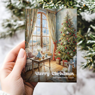 Vintage-Weihnachts-Innenraumkarte gemütlicher Feie Feiertagskarte