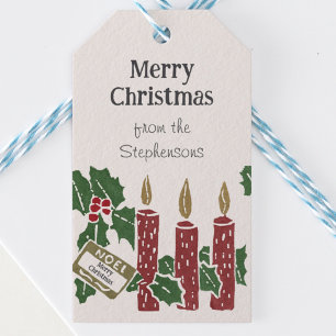 Vintage-Weihnachts-Linolschnitt-Druck Kerzen Postk Geschenkanhänger