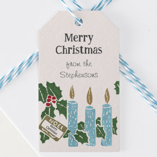 Vintage-Weihnachts-Linolschnittdruck Blaue Kerzen  Geschenkanhänger