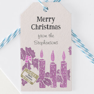 Vintage-Weihnachts-Linolschnittdruck rosa Kerzen Geschenkanhänger