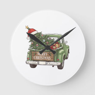 Vintage-Weihnachts-Lkw Frohe Weihnachten Männer Fr Runde Wanduhr