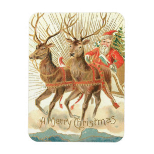 Vintage-Weihnachts-Postkarte, Santa mit Rentieren Magnet