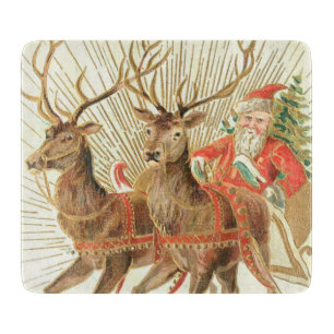 Vintage-Weihnachts-Postkarte, Santa mit Rentieren Schneidebrett