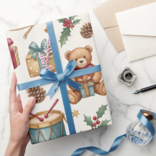 Vintage-Weihnachts-Spielzeug Schaukelpferd Teddybä Geschenkpapier
