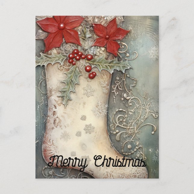 Vintage Weihnachts-Strumpf Poinsettia Blume Postkarte (Vorderseite)