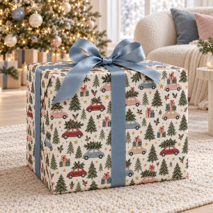 Vintage-Weihnachtsautos und -Bäume Geschenkpapier