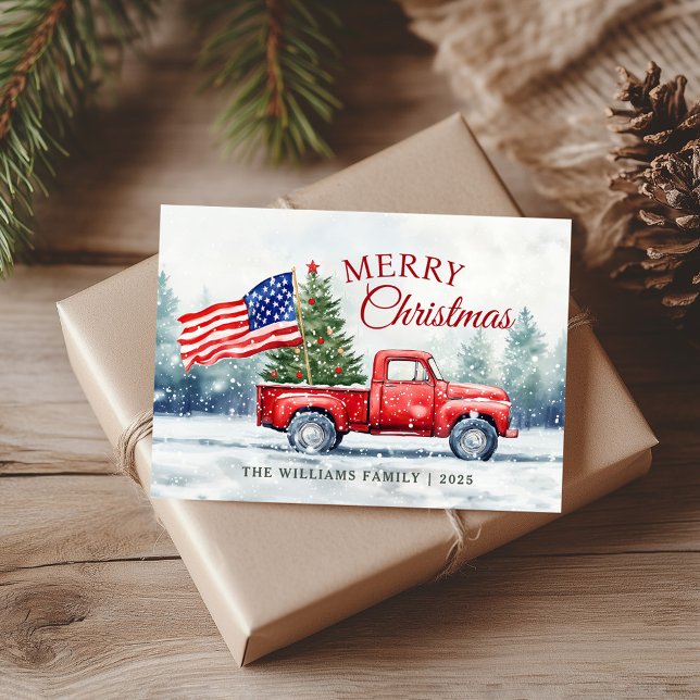 Vintage Weihnachtsbaumflagge Feiertagspostkarte (Vintage Red Christmas Truck Christmas Tree Flag Holiday Postcard)