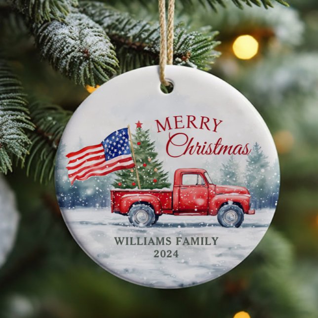 Vintage Weihnachtsbaumflagge Keramik Ornament (Vintage Red Christmas Truck With Christmas Tree and American Flag)