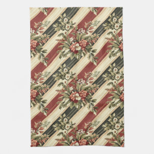 Vintage-Weihnachtsblumen gestreift (1) Geschirrtuch