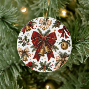 Vintage-Weihnachtsbögen und goldene Glocken Feiert Keramik Ornament