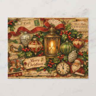 Vintage Weihnachtscollage mit Santa, Laterne  Postkarte