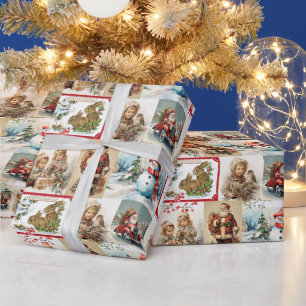 Vintage Weihnachtscollage mit Santa und Kindern  Geschenkpapier
