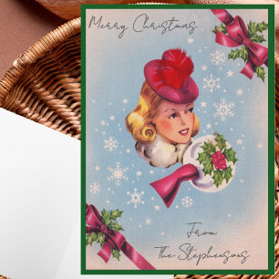 Vintage-Weihnachtsdame Benutzerdefinierter Name Le Feiertagskarte