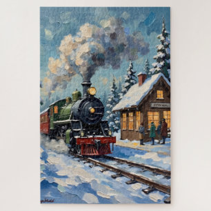 Vintage Weihnachtsdampfzug im schneebedeckten Bahn