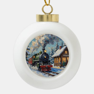Vintage-Weihnachtsdampfzug im schneebedeckten Bahn Keramik Kugel-Ornament