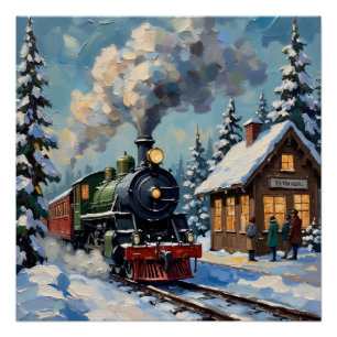 Vintage-Weihnachtsdampfzug im schneebedeckten Bahn Poster