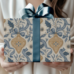 Vintage Weihnachtsdekoration in Blau und Gold mit Geschenkpapier