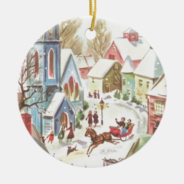 Vintage Weihnachtsdörfsszene Keramikornament (Vorne)