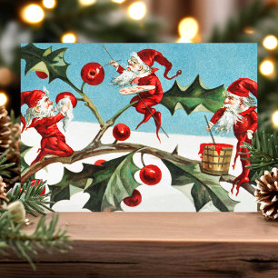 Vintage-Weihnachtselfen-Stechpalmen-Feiertags-Post Feiertagspostkarte