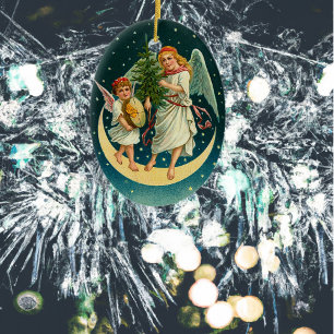 Vintage Weihnachtsengel auf dem Mond Keramikornament