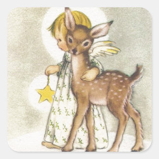 Vintage-Weihnachtsengel mit Babyhirsch Quadratischer Aufkleber