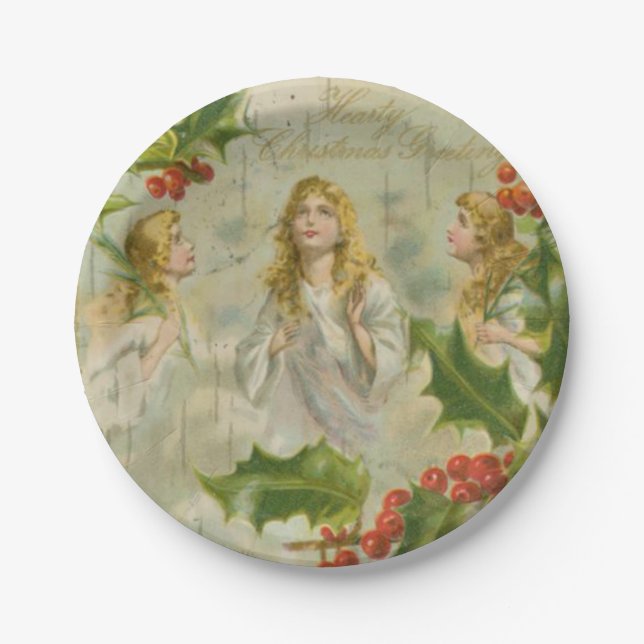 Vintage Weihnachtsengel mit Wreath Pappteller (Vorderseite)