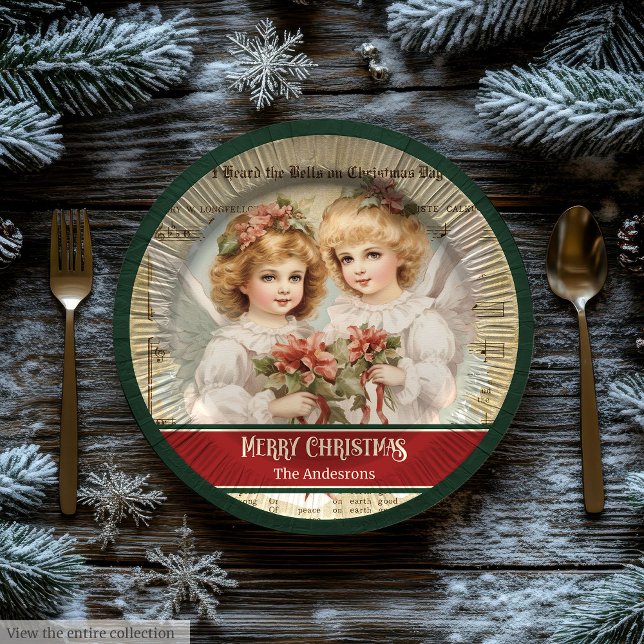 Vintage-Weihnachtsengel-Papierteller-Monogramm-Ges Pappteller (Merry Christmas Paper Plates Retro Angel Keepsake)