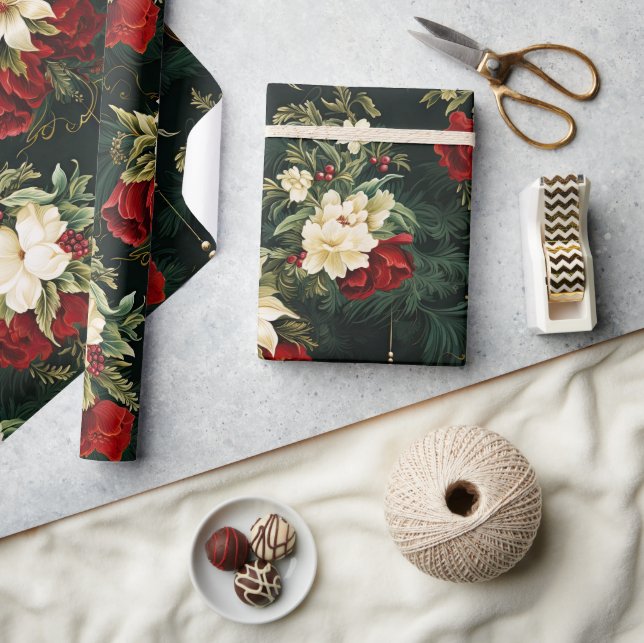 Vintage Weihnachtsfantasie Blumenmuster Geschenkpapier (Kunsthandwerk)