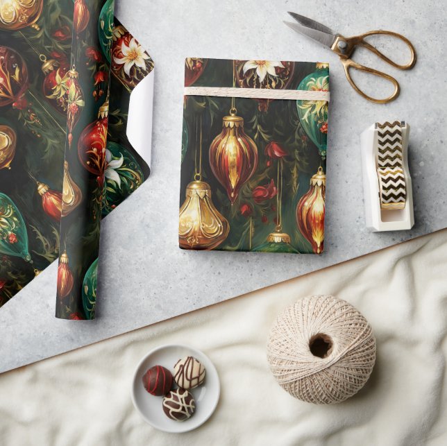 Vintage Weihnachtsfantasy Floral Ornamente Muster Geschenkpapier (Kunsthandwerk)