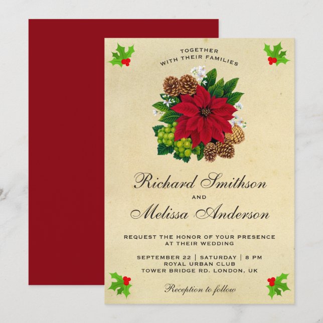 Vintage Weihnachtsfeier Poinsettia Einladung (Vorne/Hinten)