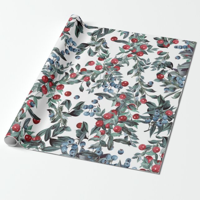 Vintage Weihnachtsfeiertage Rot und Blau Berries Geschenkpapier (Ungerollt)