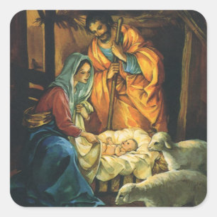 Vintage-Weihnachtsgeburt, Jesuskind in der Krippe Quadratischer Aufkleber