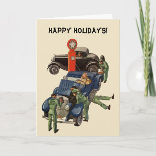 Vintage-Weihnachtsgeschäft, Auto-Tankstelle Feiertagskarte