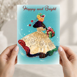 Vintage-Weihnachtsgeschenkbox Gold-Glitter-Mädchen Feiertagskarte